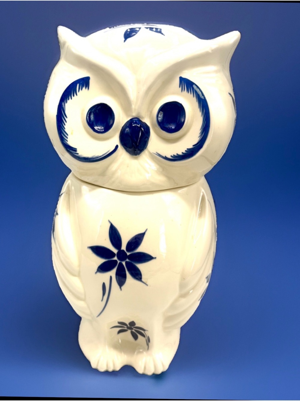 VTG 12” White & Blue Glossy Ceramic Owl Lidded Decorative Cookie Jar, Floral MCM